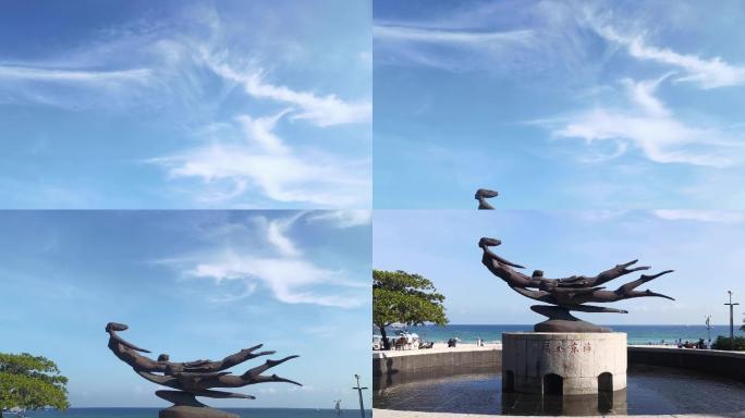 4K海南三亚大东海景区标志性雕塑福如东海
