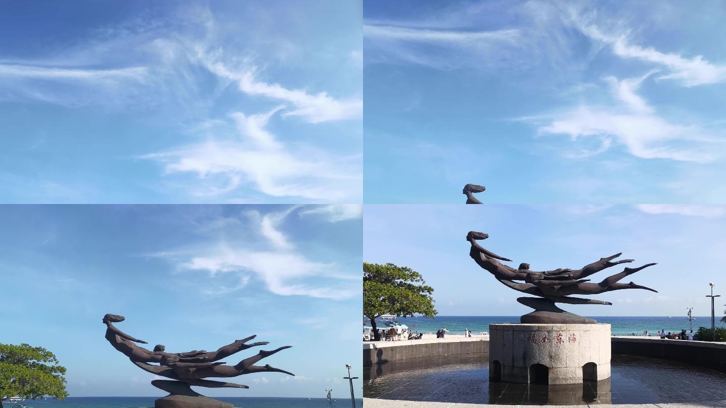 4K海南三亚大东海景区标志性雕塑福如东海