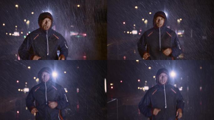 斯洛莫曼夜雨中在城里奔跑