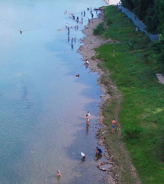 夏季江河游泳的人群市民竖拍