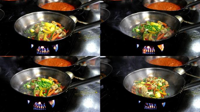 炉灶上的有机蔬菜，炒，烹饪