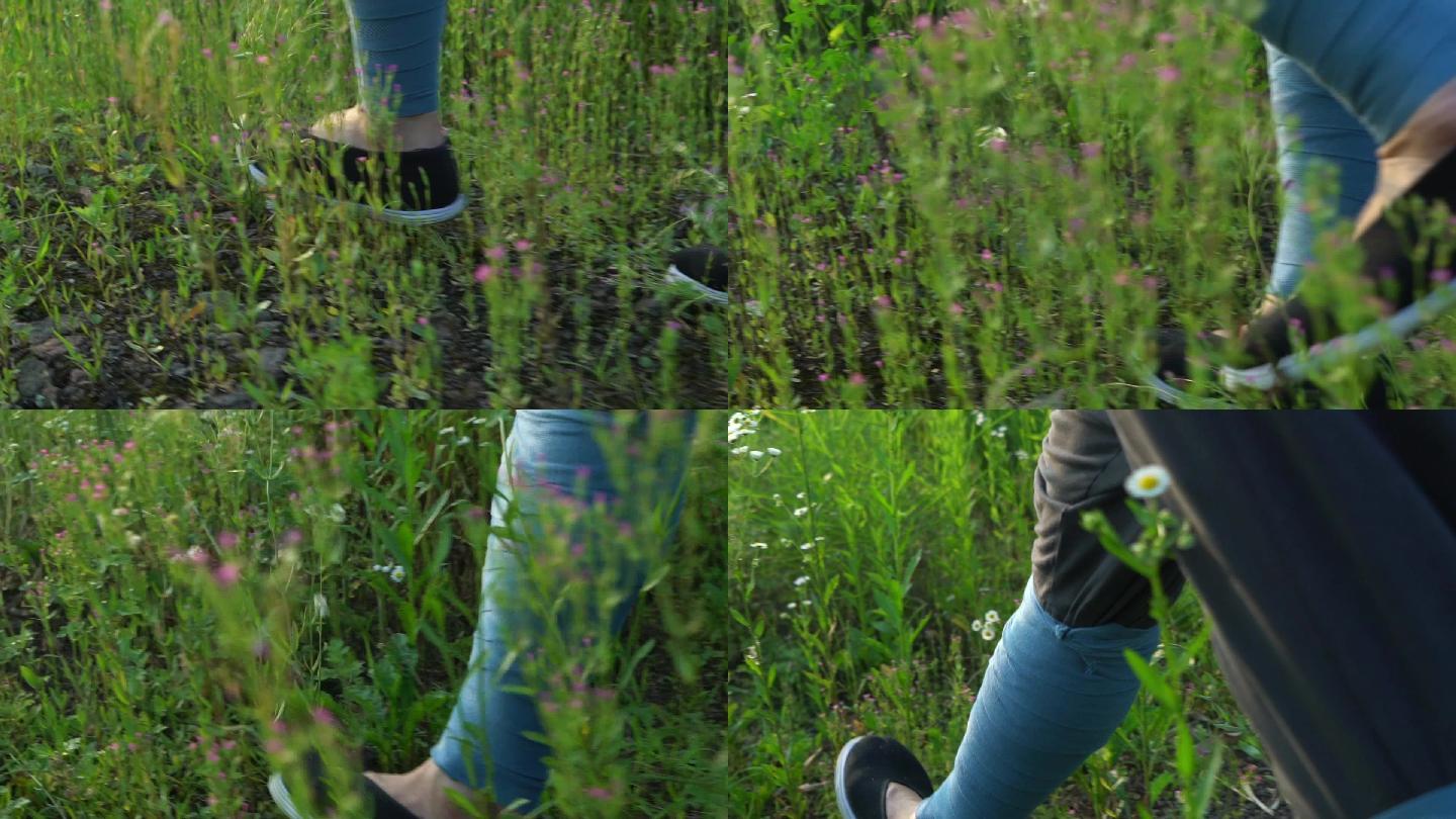 布鞋绑腿走过草地升格慢动作画面