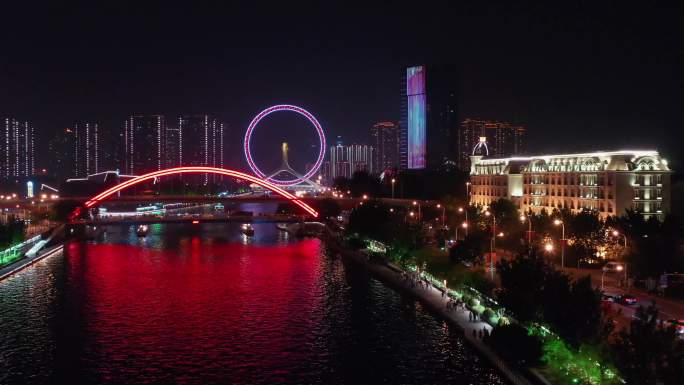 天津之眼城市地标海河夜景航拍