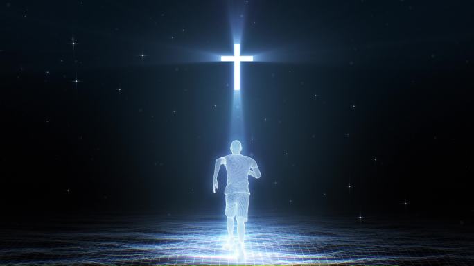 蓝色科技男生向着十字架奔跑视频