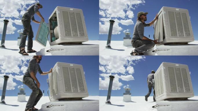 一个人在屋顶上替换沼泽冷却器的侧板