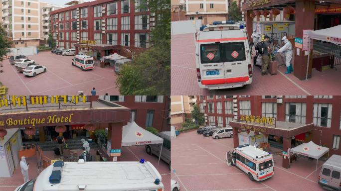 疫情救护车隔离酒店航拍4K
