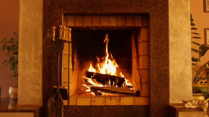 在壁炉里烧木头房子内部的壁炉