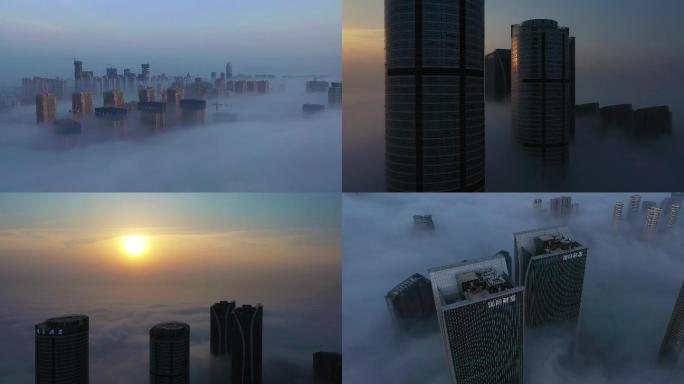 海边城市平流雾航拍日出