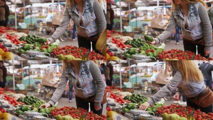 在菜市场挑选水果的女人