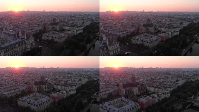 日出时巴黎的空中城市景观