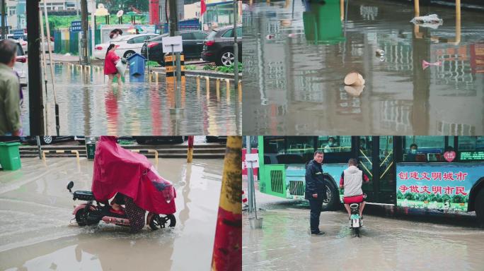 暴雨积水里上下班行走的人们5倍升格慢动作