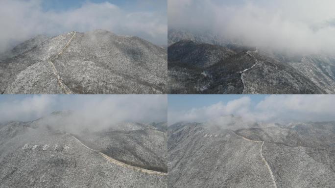 航拍雪后北京慕田峪长城