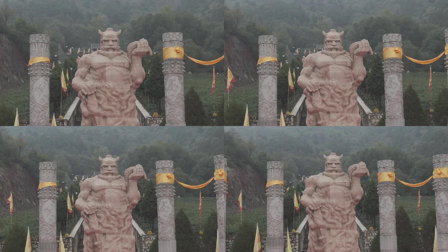 山西高平炎帝陵雕塑前航拍侧面