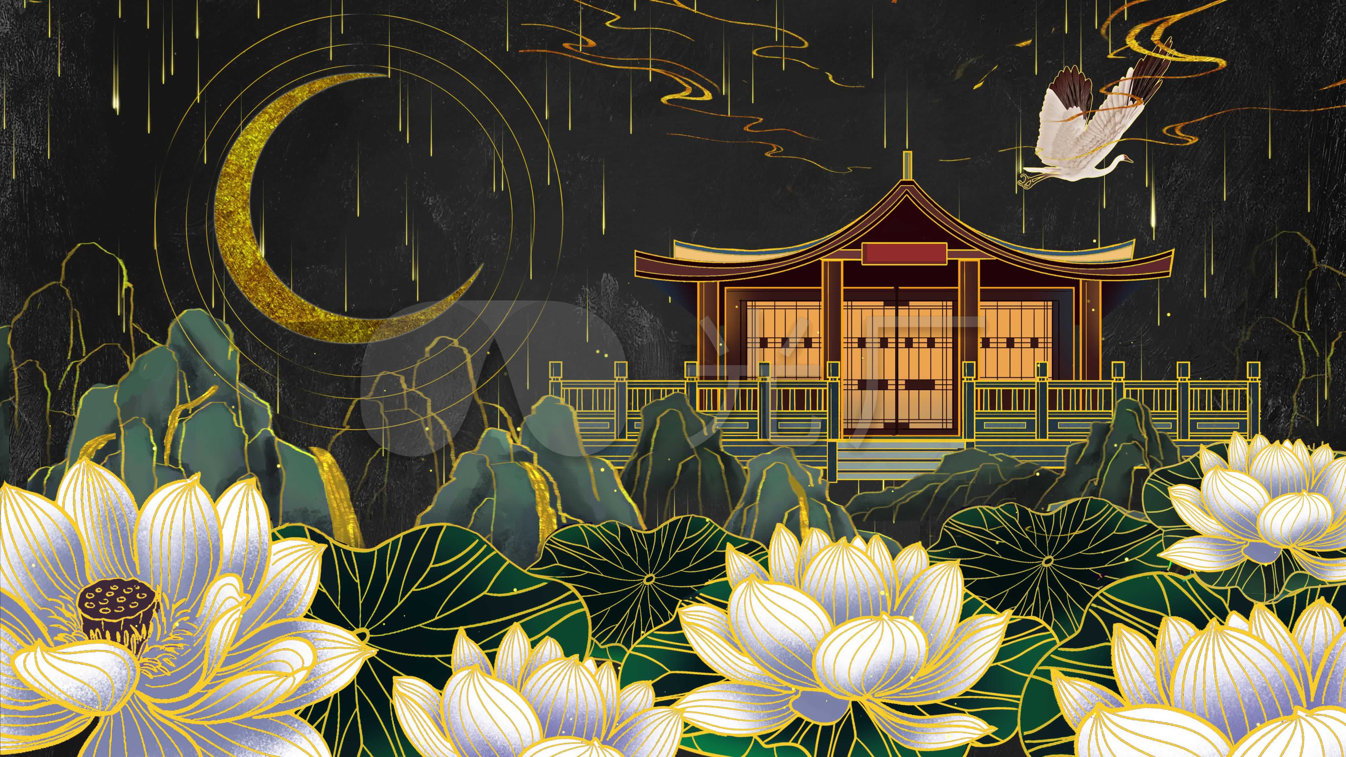 4k烫金中国风睡莲古建筑