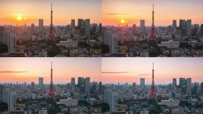黄昏时分的东京塔城市景观延时摄影
