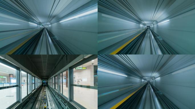 仁川国际机场自动列车驶入隧道中转至航站楼