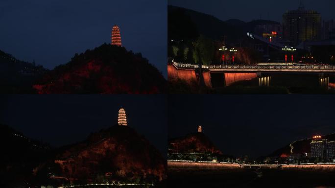 陕北延安塔宝塔山夜景大景4k