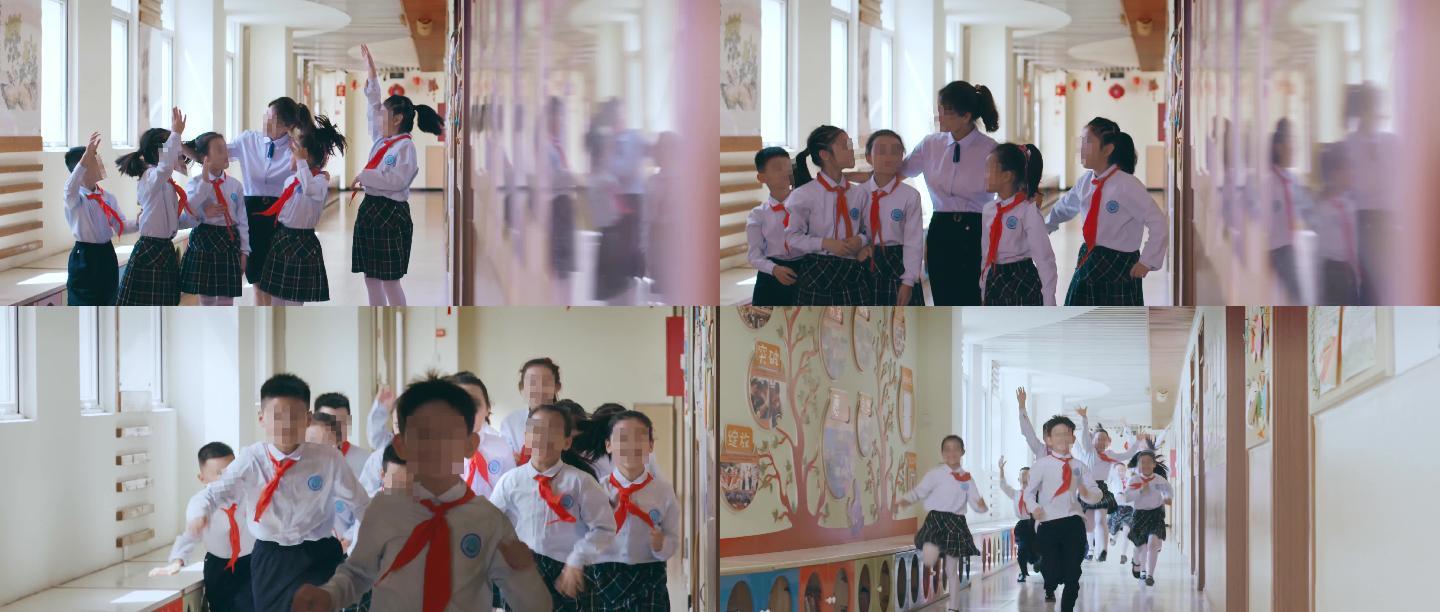 小学学校走廊奔跑蹦蹦跳跳围着老师举手师生