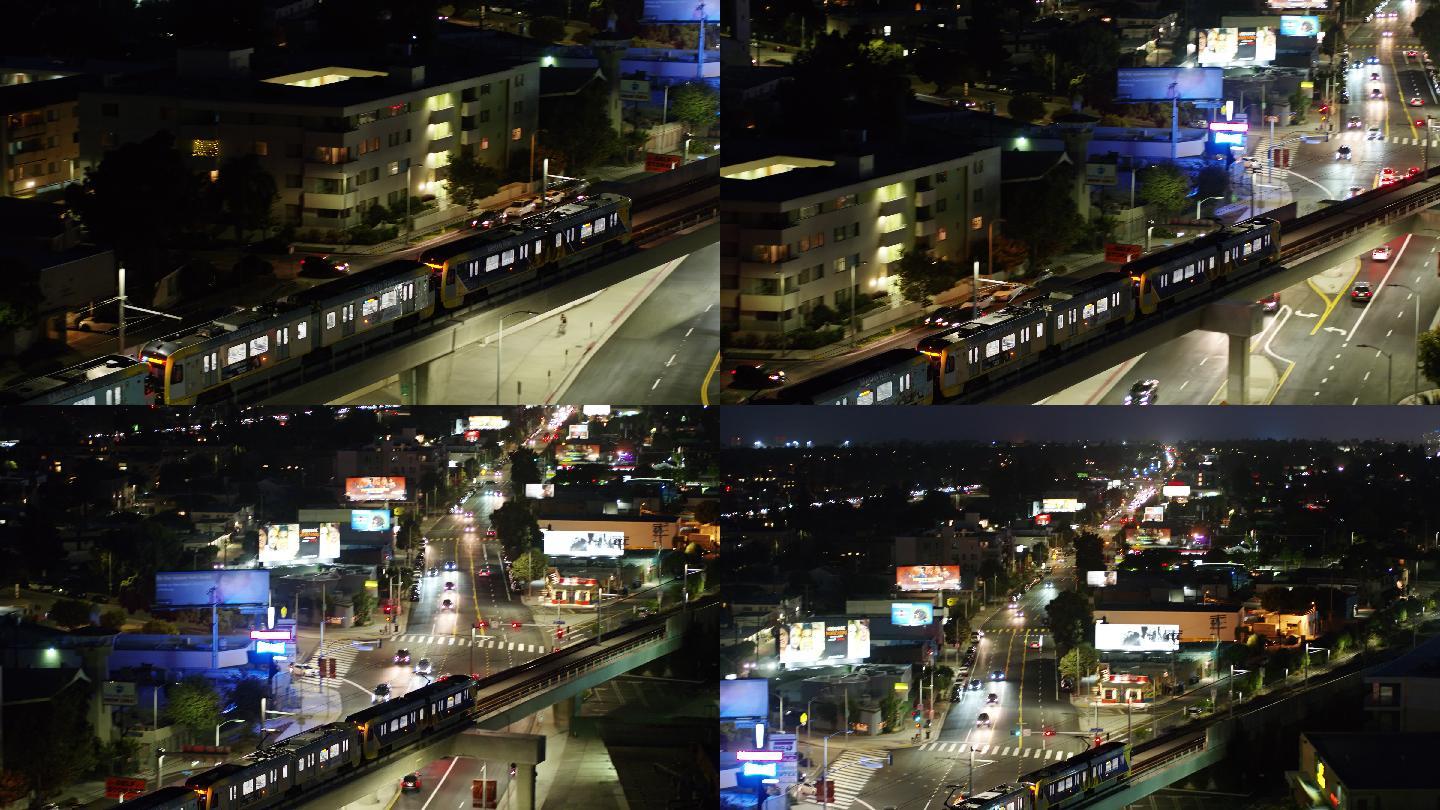 洛杉矶西部轻轨列车后的空中拍摄