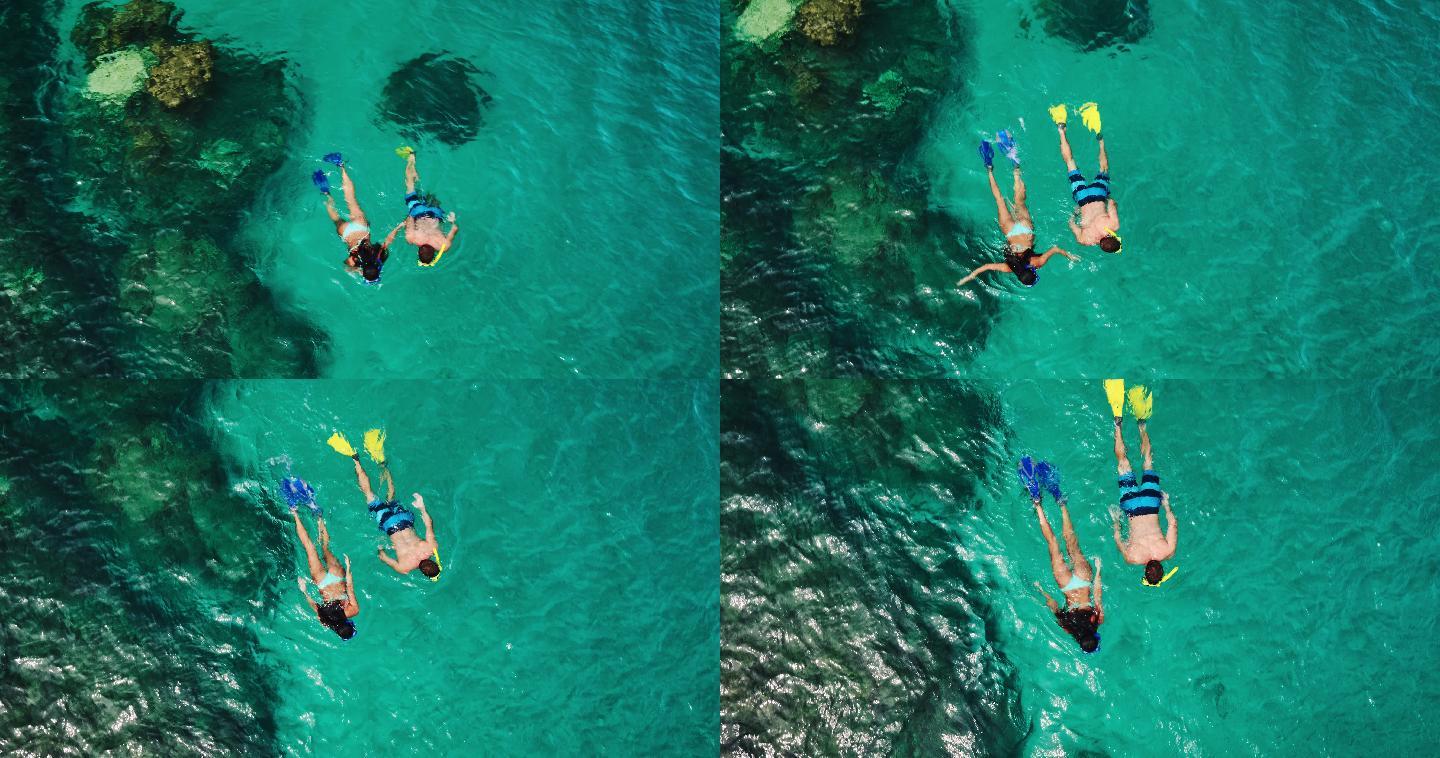 热带蓝海中年轻夫妇浮潜的鸟瞰图