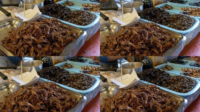 菜市场盘子里不同种类的熟昆虫。