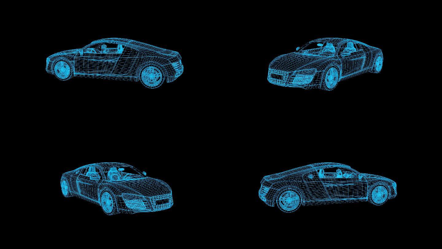 蓝色线框全息科技跑车动画带通道