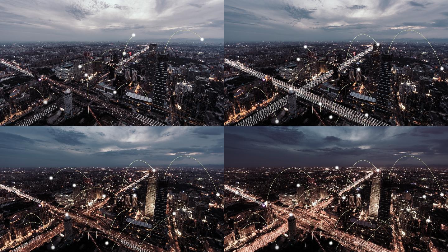 北京天际线城市网络鸟瞰图，昼夜过渡