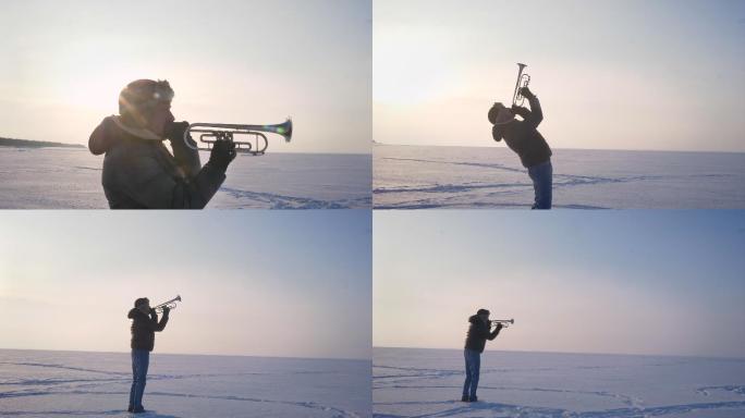 音乐家在在阳光下冻结的自然背景吃着小号。