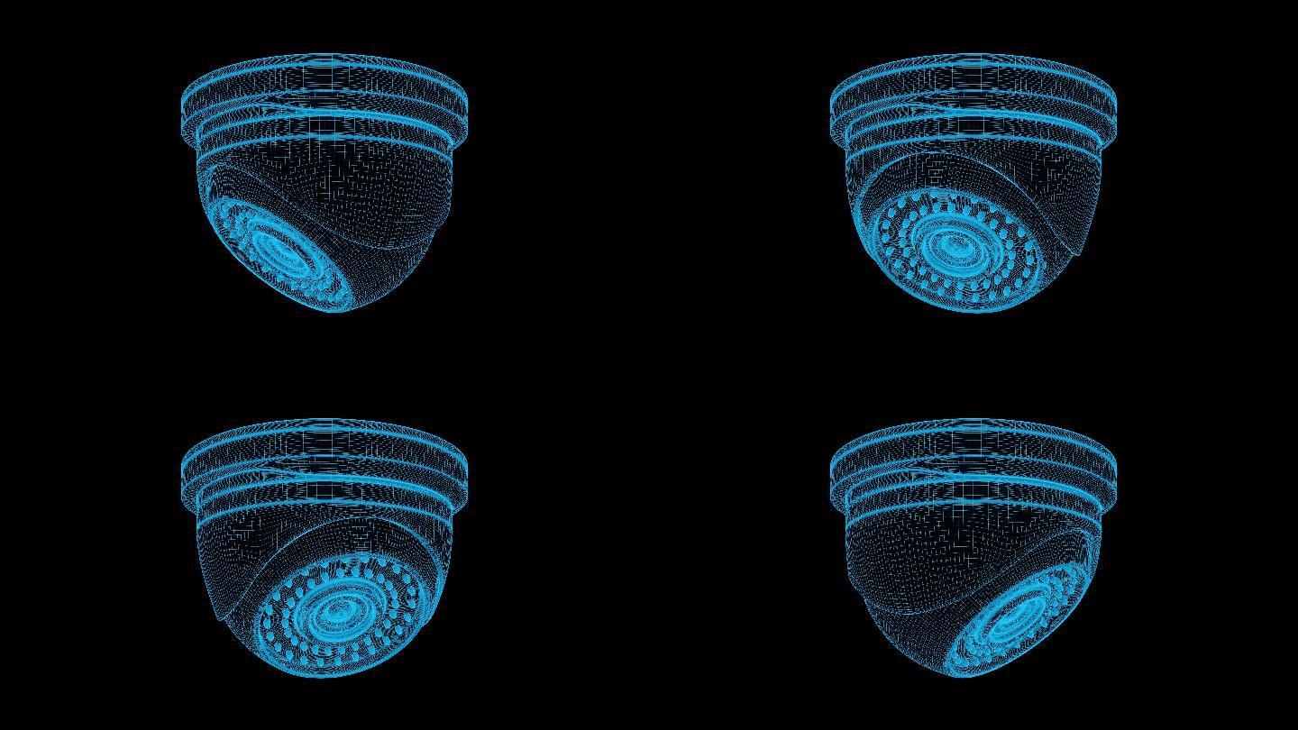 4K蓝色线框全息科技球形监控旋转带通