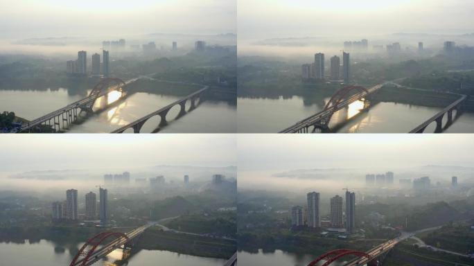 清晨城广安桥梁云雾缭绕