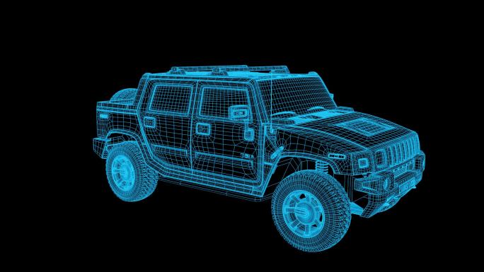 蓝色线框全息科技特种装甲车动画带通道