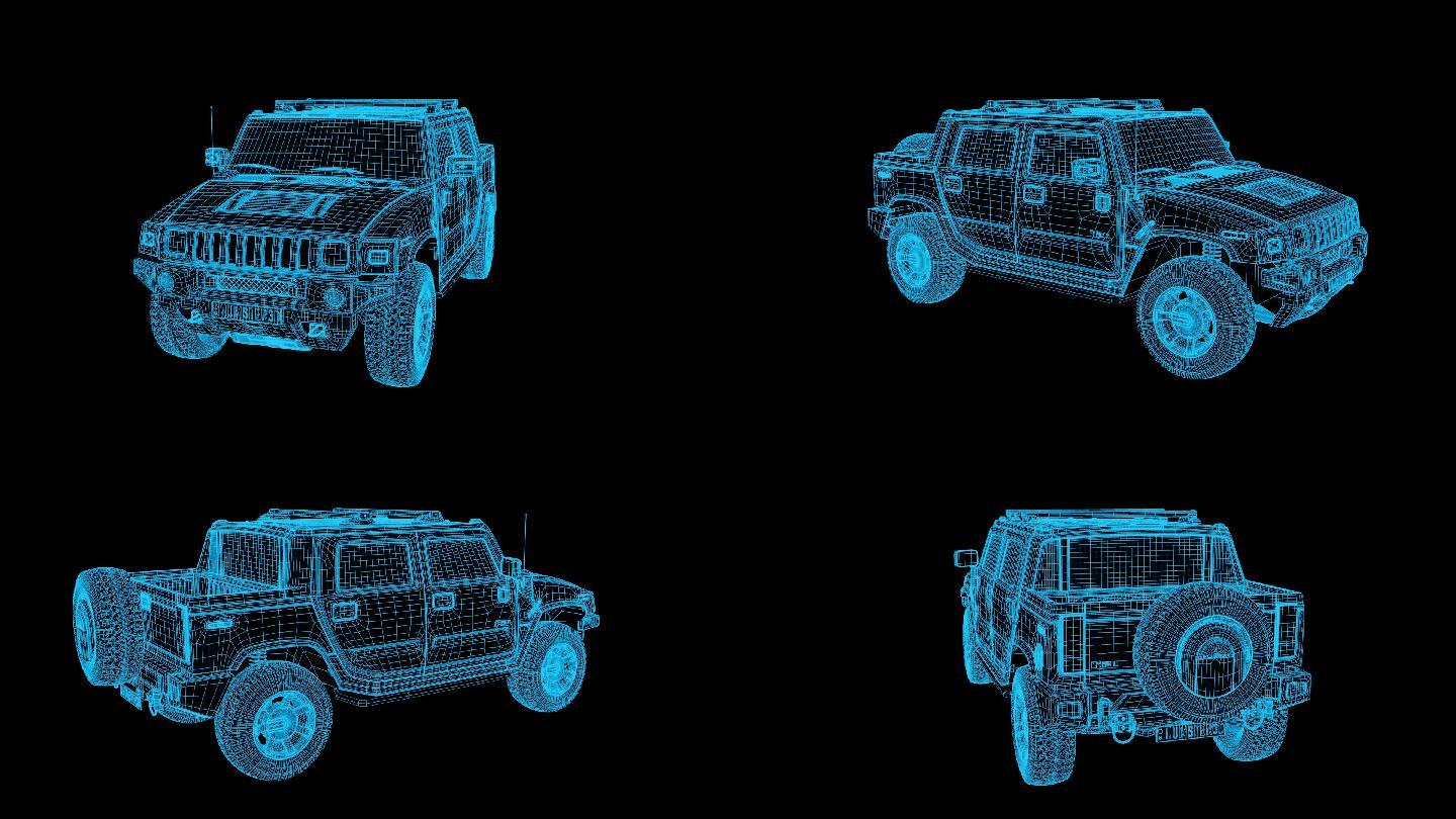 蓝色线框全息科技特种装甲车动画带通道