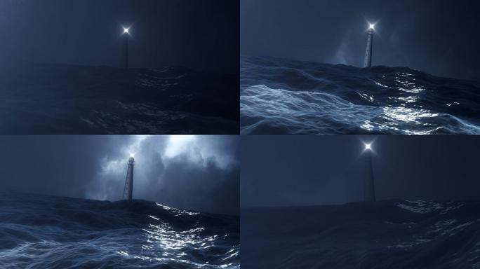 从暴风雨的海洋看灯塔