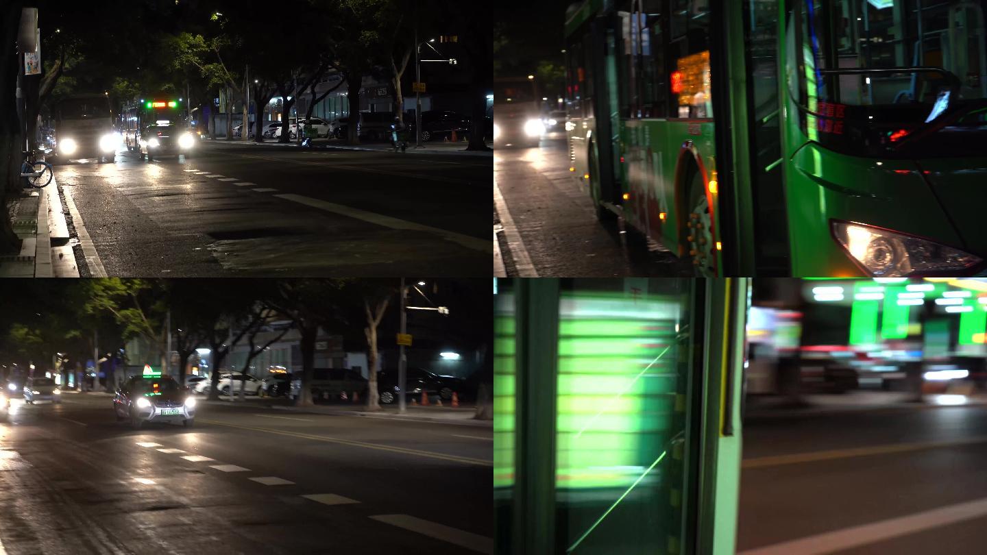夜景街道马路汽车的士一闪而过公交车灯光路