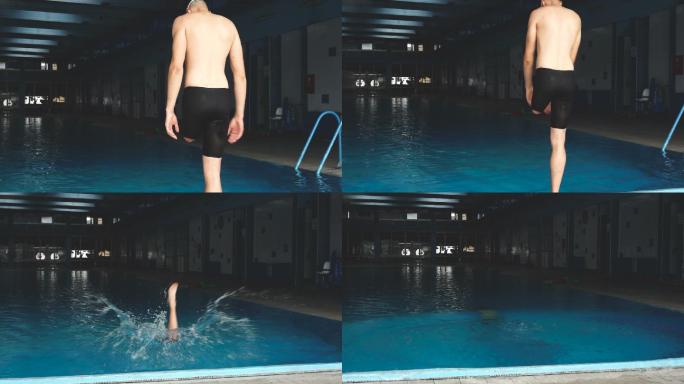 残疾男子跳进游泳池