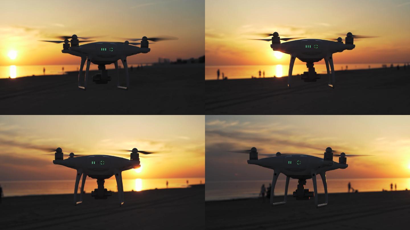 无人机在美丽的日落海滩上空飞行