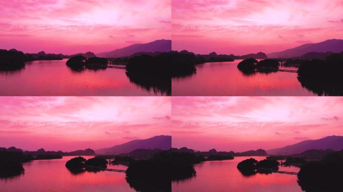 肇庆仙女湖紫红色晚霞星湖