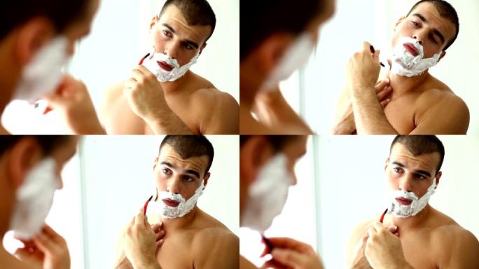 早上刮胡子。