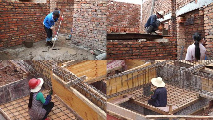 工人修建房屋干活砌砖拌沙灰扎钢筋支模