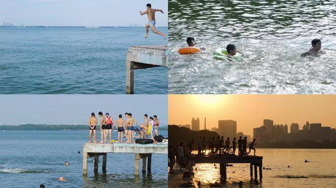 夏天东湖傍晚人群游泳纳凉素材