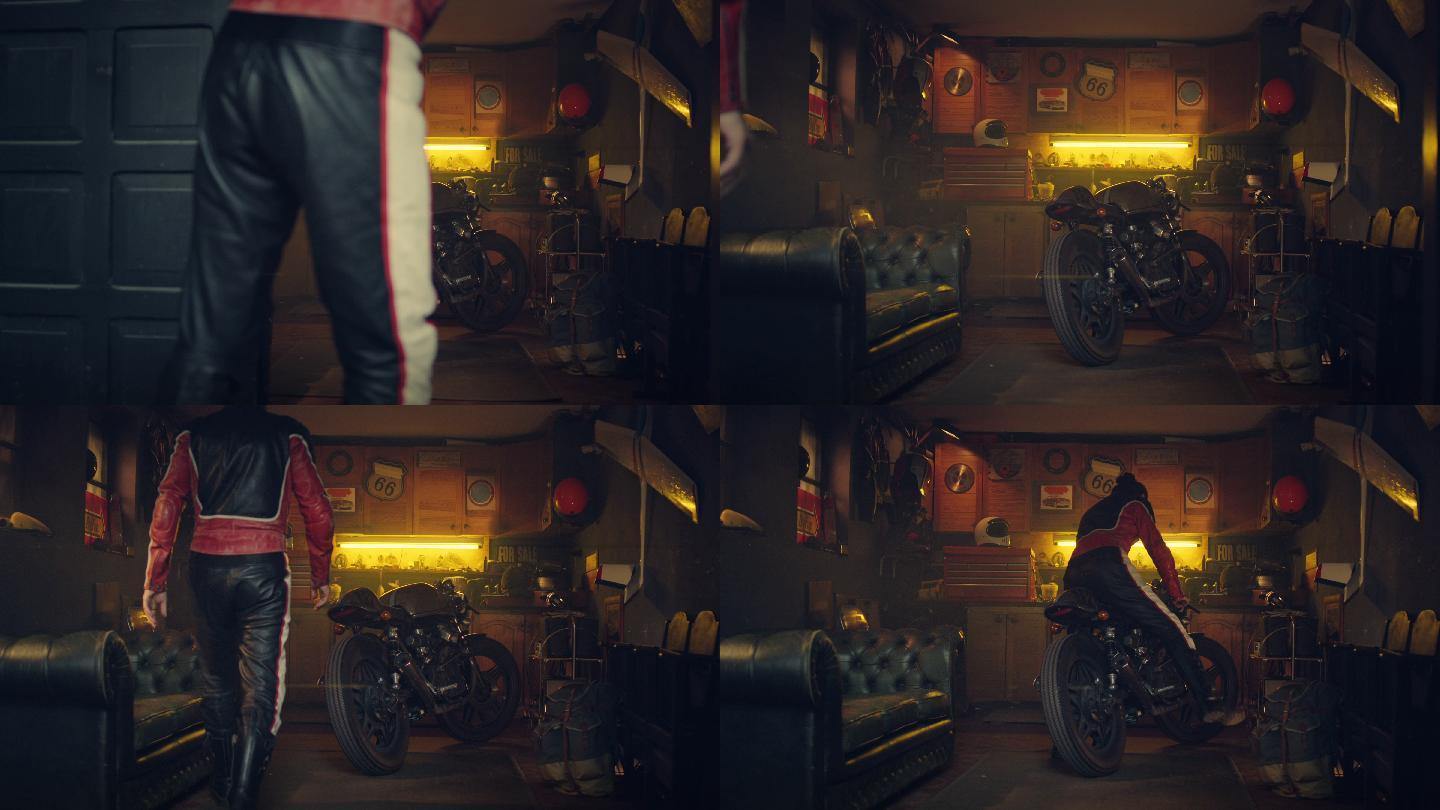 时尚的老式摩托车，男子进入车库
