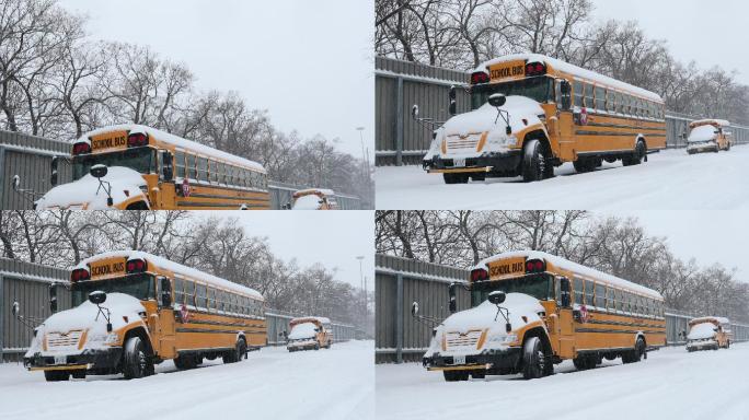 雪地上的校车，暴风雪导致取消上课
