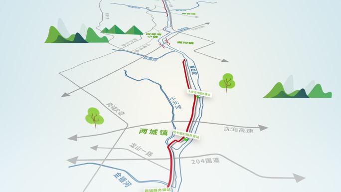 三维MG动画地图路线科技感青山绿水区位图