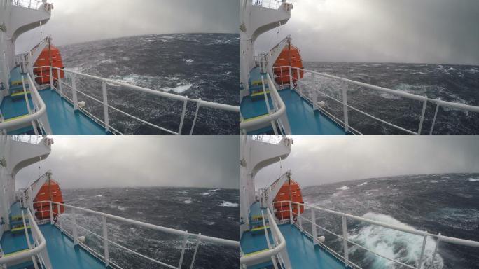 暴风骤雨中的巨轮恶劣天气海上航行巨浪