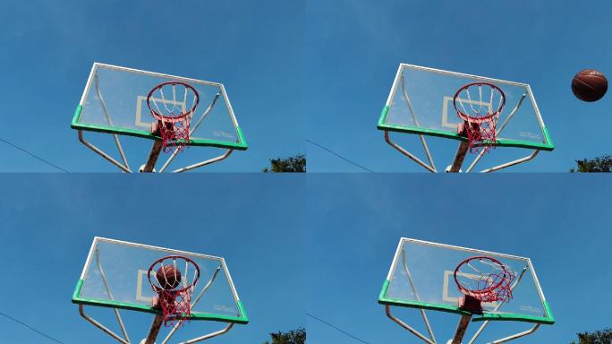 蓝天透明的篮板户外篮球场投篮