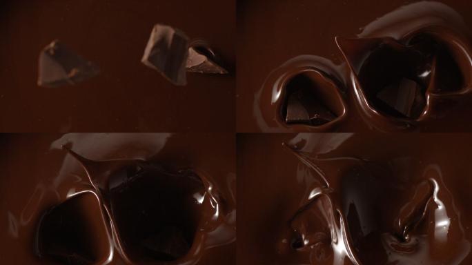 块状巧克力掉落到巧克力酱里