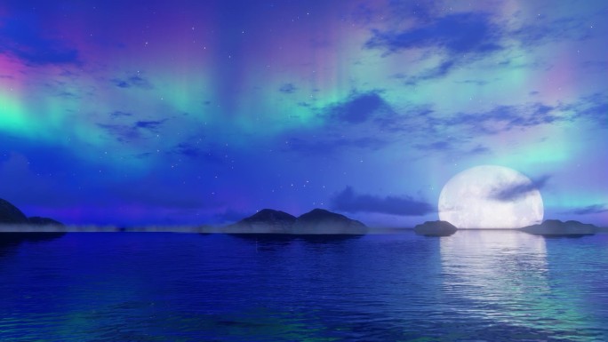 中秋海上升明月满月极光