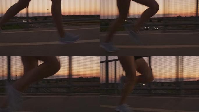 黄昏，一个女人在桥上跑步