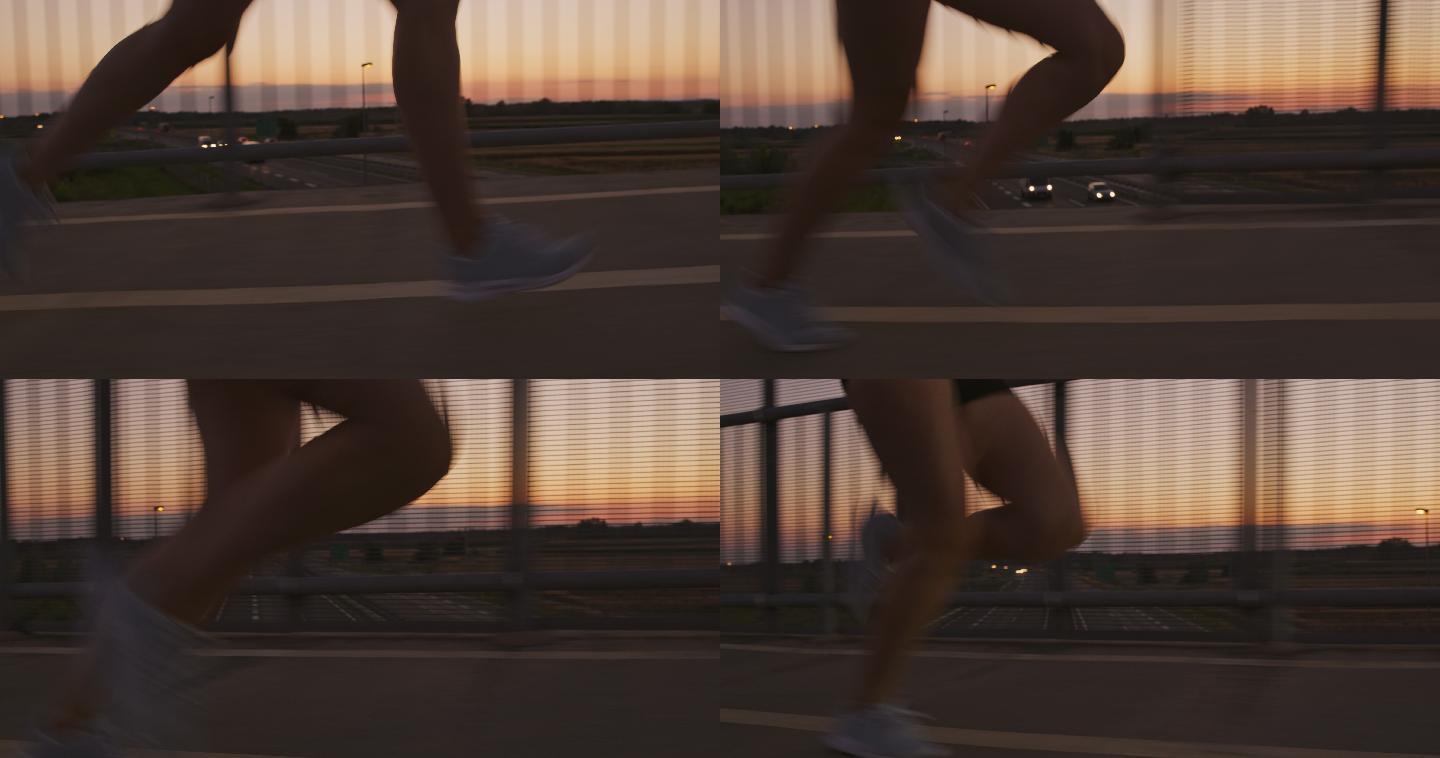 黄昏，一个女人在桥上跑步