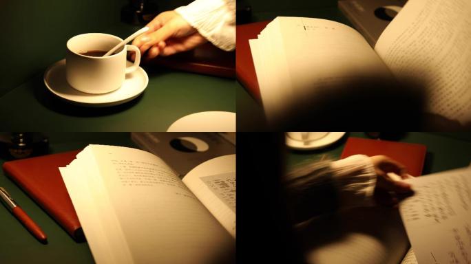 4K夜晚昏黄灯光下看书喝咖啡